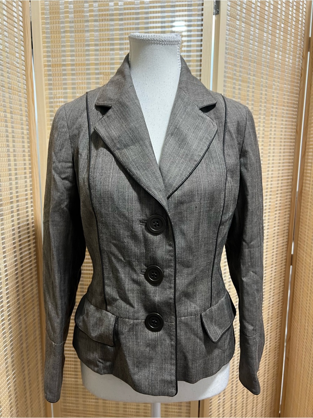 Lafayette 148 Brown Plaid 100% Wool Blazer with Dark Brown Genuine Leather Trim